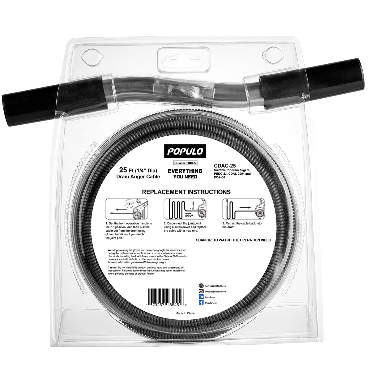 POPULO durable replaceable cable for varied drain configurations.
