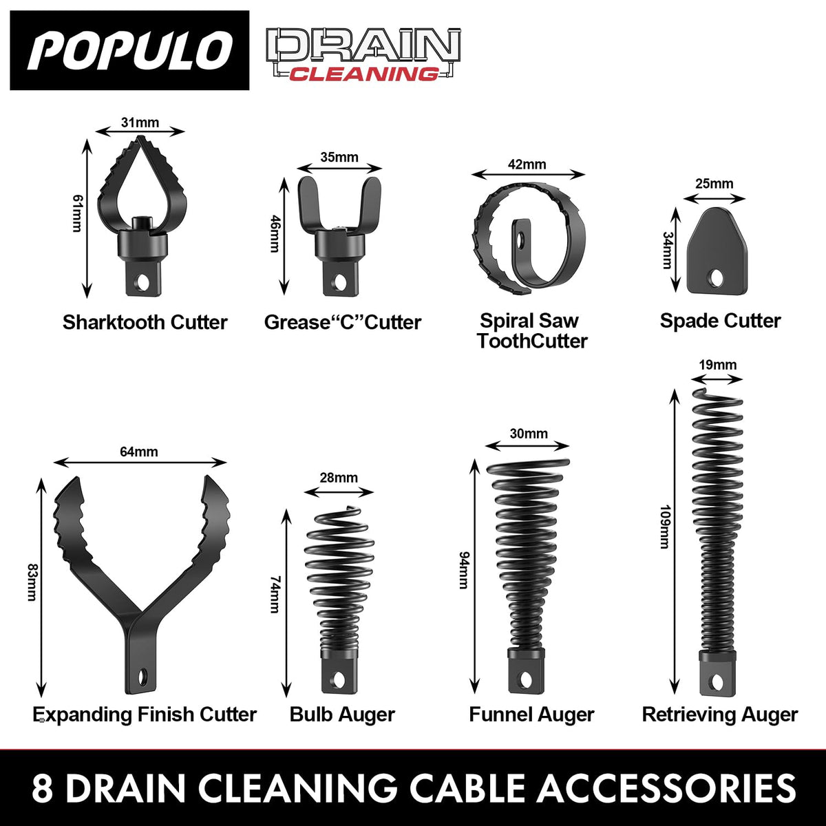 POPULO Spade Cutter, ideal to initiate drain flow and prep for clear pipes.