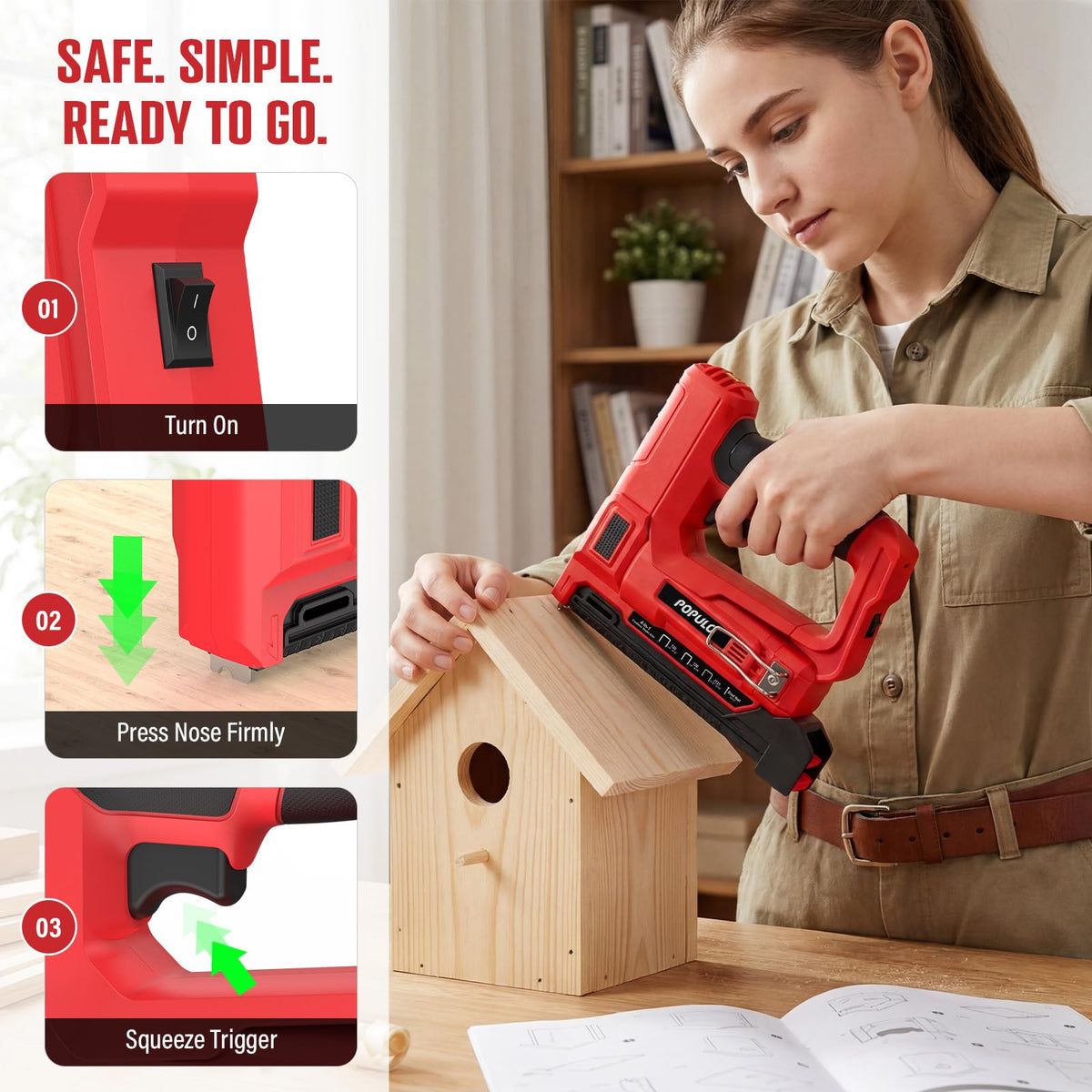 POPULO Electric Staple Gun battery-powered operation for portable DIY use.