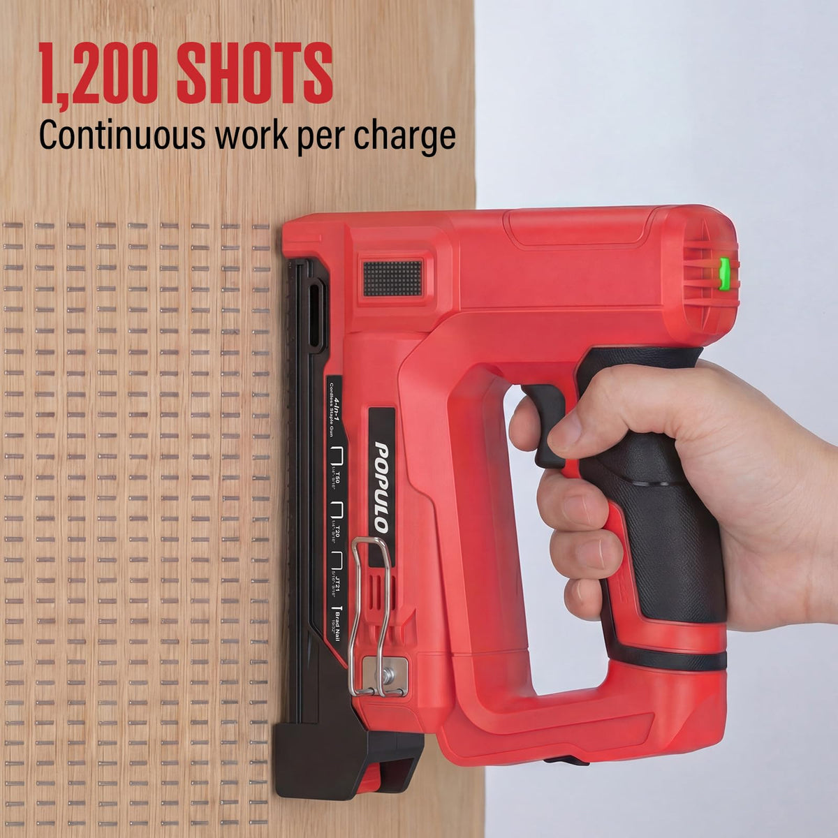 POPULO Staple Gun loaded with staples and nails ready for quick tasks.