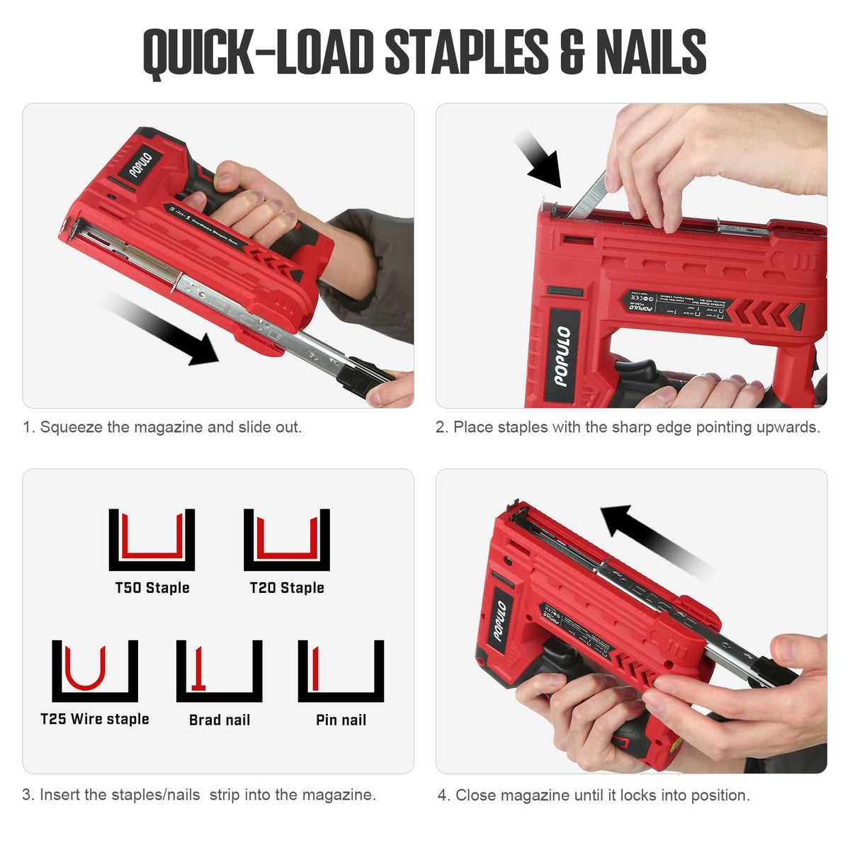 Populo home-use package includes staples, nails, remover, USB-C charger, and manual.