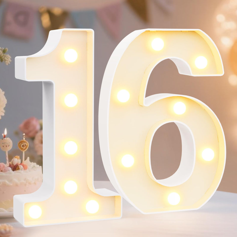Pooqla LED number 16 package shows two numbers ready for quick party setup
