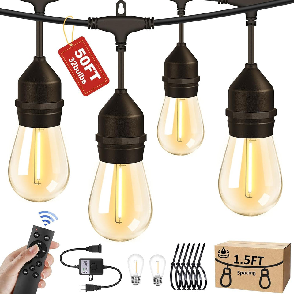 Porbench outdoor 50ft string lights setup creates intimate evening ambiance.