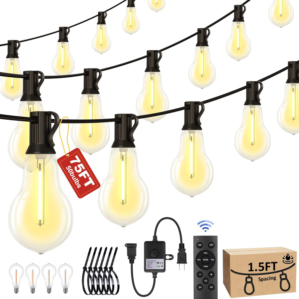 Porbench 75ft outdoor string lights with 50+4 bulbs create vibrant garden ambiance.