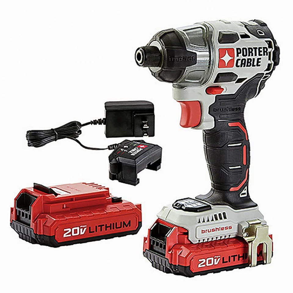 PORTER-CABLE 20V MAX impact driver front view for compact handling in tight spaces.