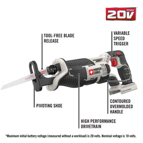 PORTER-CABLE 20V MAX reciprocating saw blade release enables quick blade changes.