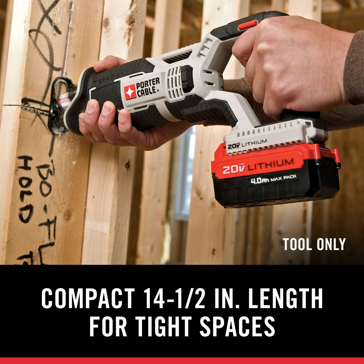 PORTER-CABLE 20V MAX saw with variable speed trigger for precise material cutting.