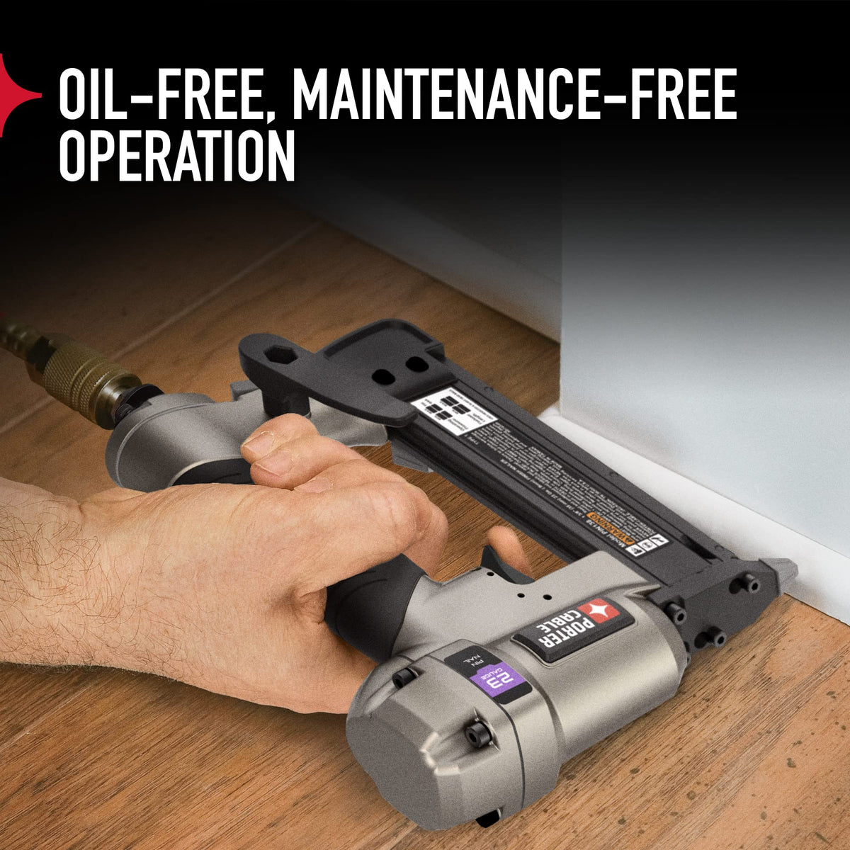 Porter-Cable pin nailer rear exhaust directing air away from work