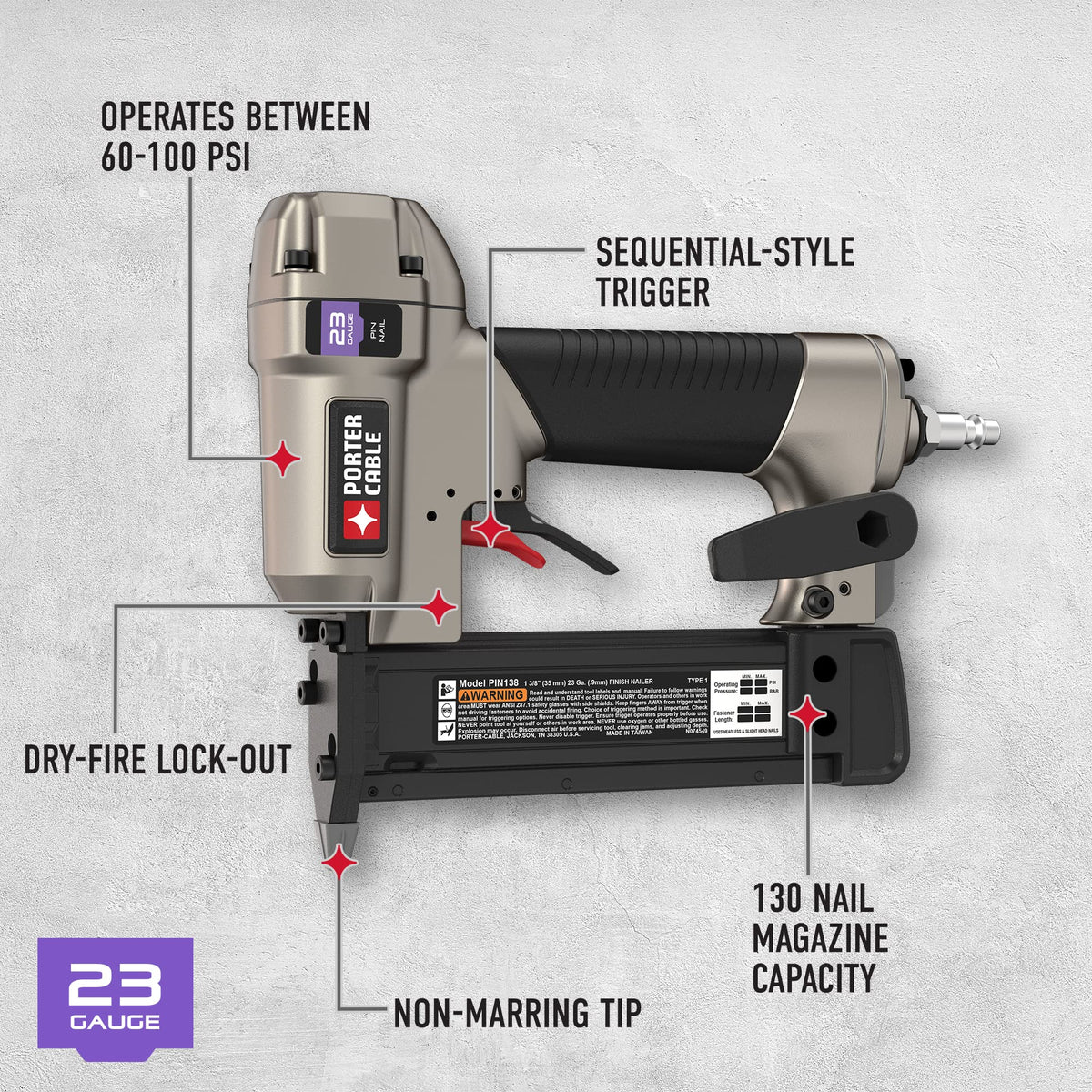 Porter-Cable pin nailer showing reversible belt clip within reach