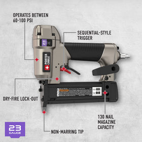 Porter-Cable pin nailer showing reversible belt clip within reach