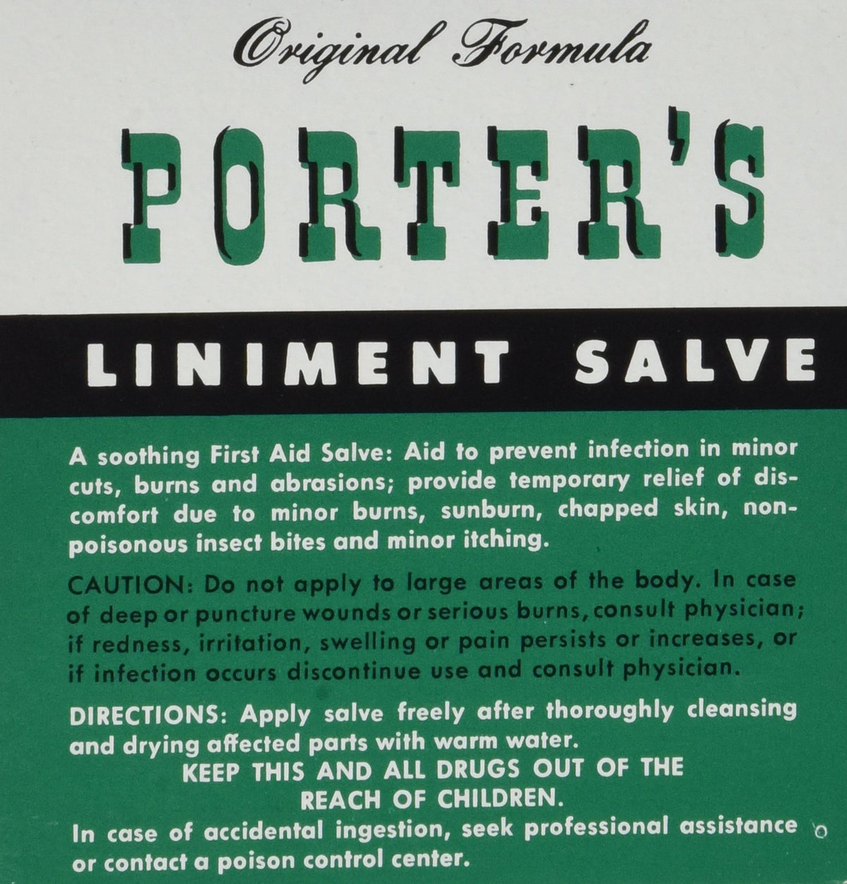 Porter's Liniment Salve label on bottle highlighting original formula