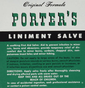 Porter's Liniment Salve label on bottle highlighting original formula