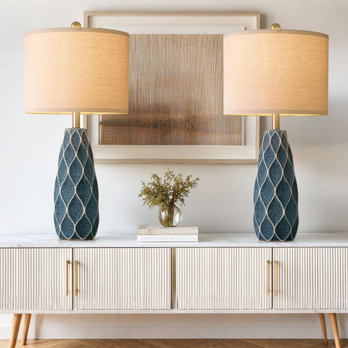 PORTRES pair of blue lamps enhances living room and bedroom decor