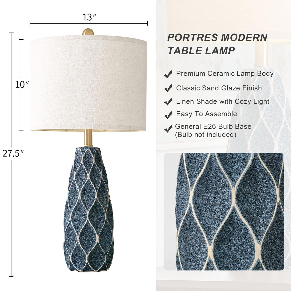 PORTRES blue ceramic table lamp shade softens bedside lighting