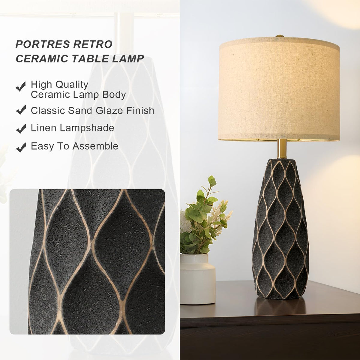 Close-up texture of PORTRES ceramic table lamp showing durable finish