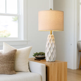 Two white lamps complement minimalist and farmhouse interiors.
