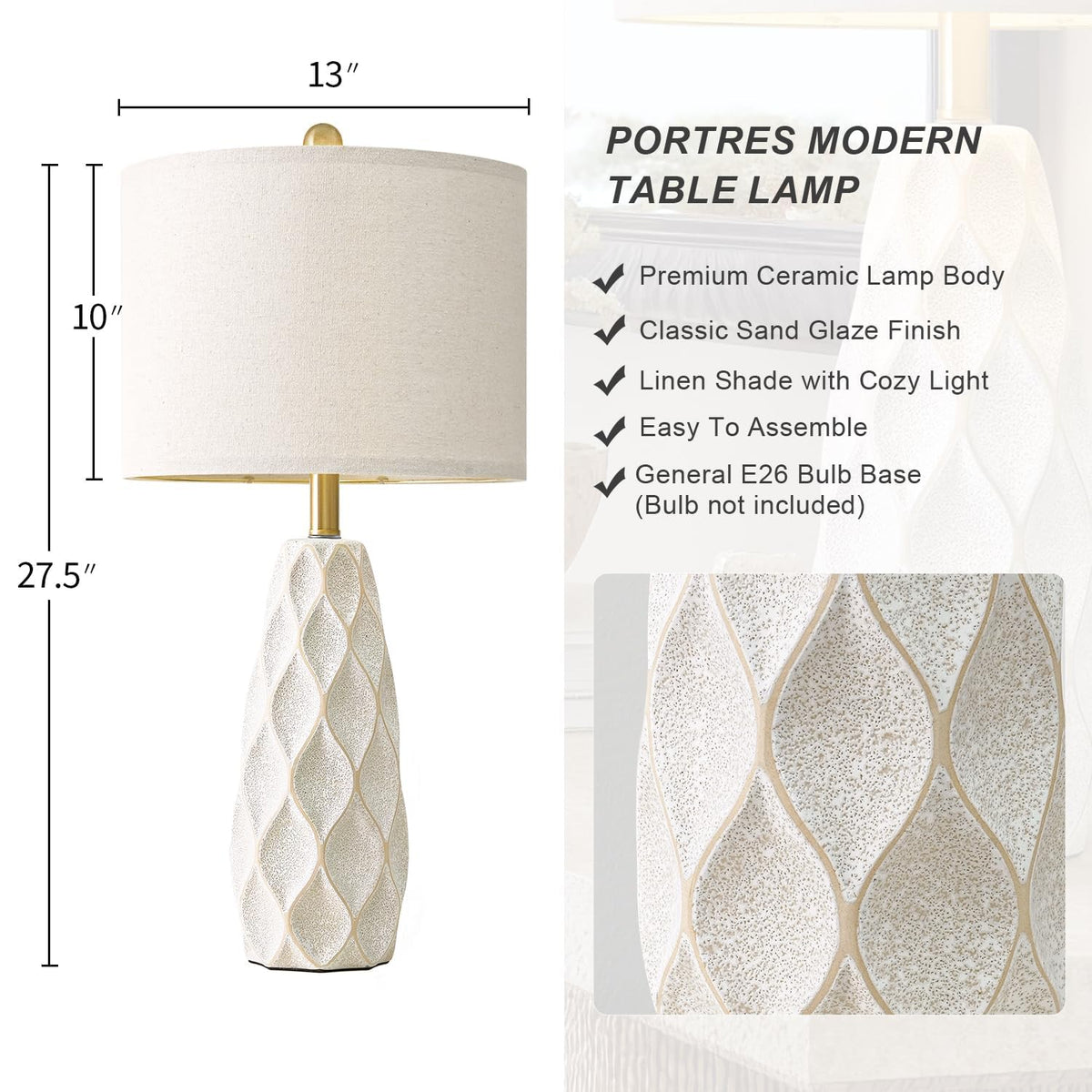 Elegant white PORTRES ceramic lamp close-up showing premium finish.