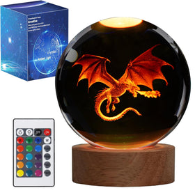 POSSHE Dragon Night Light with 3D dragon inside crystal globe for magical ambiance