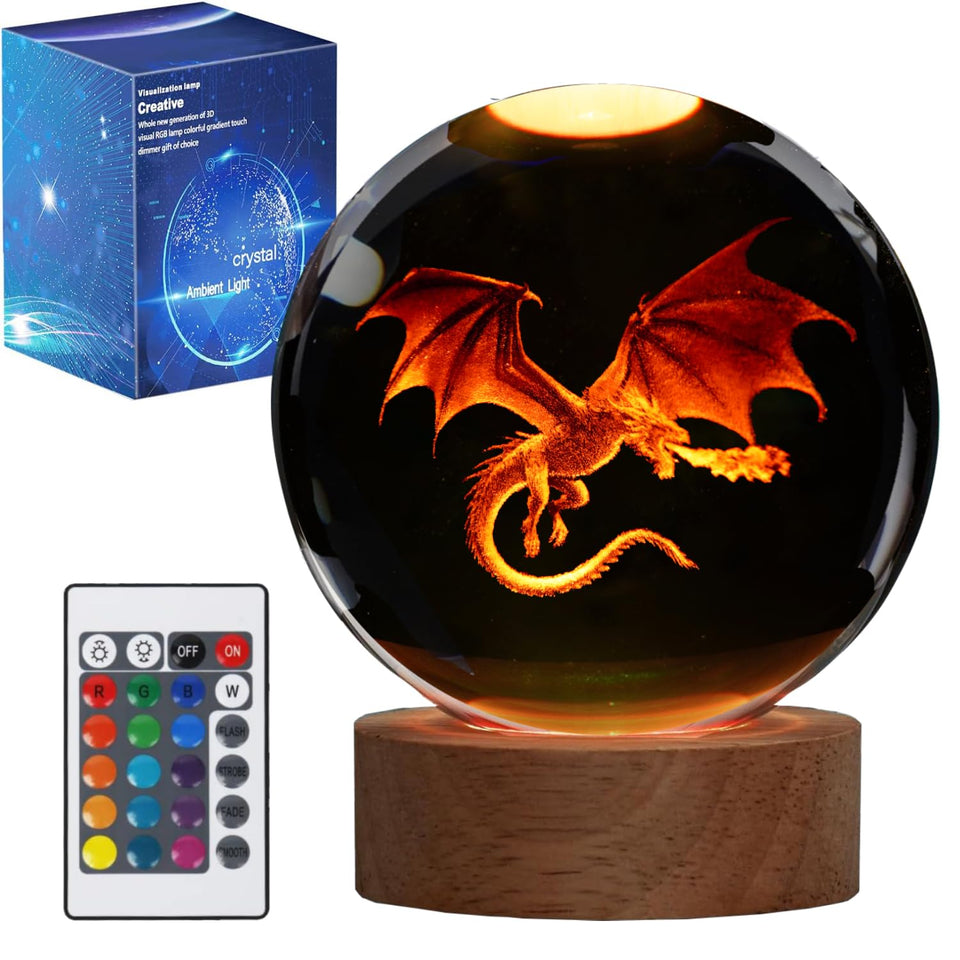 POSSHE Dragon Night Light with 3D dragon inside crystal globe for magical ambiance