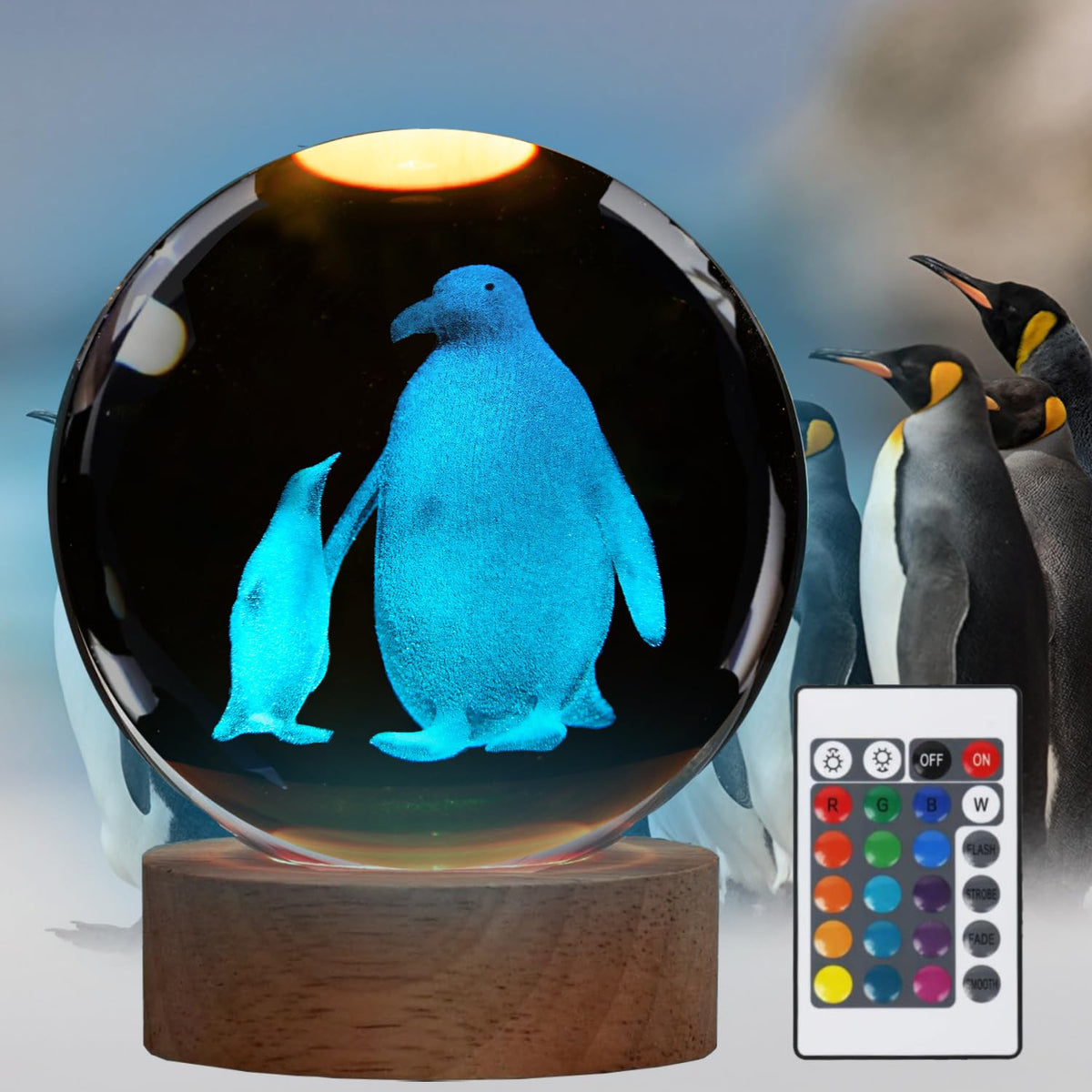 POSSHE Penguin Night Light with 3D penguin inside crystal ball for ambient decor.