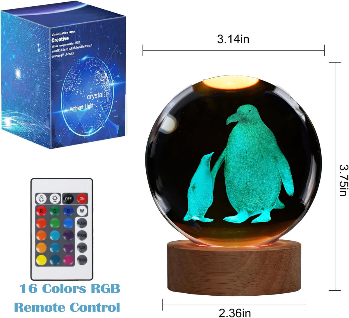 POSSHE Penguin Night Light close-up reveals luminous glass sphere artistry.