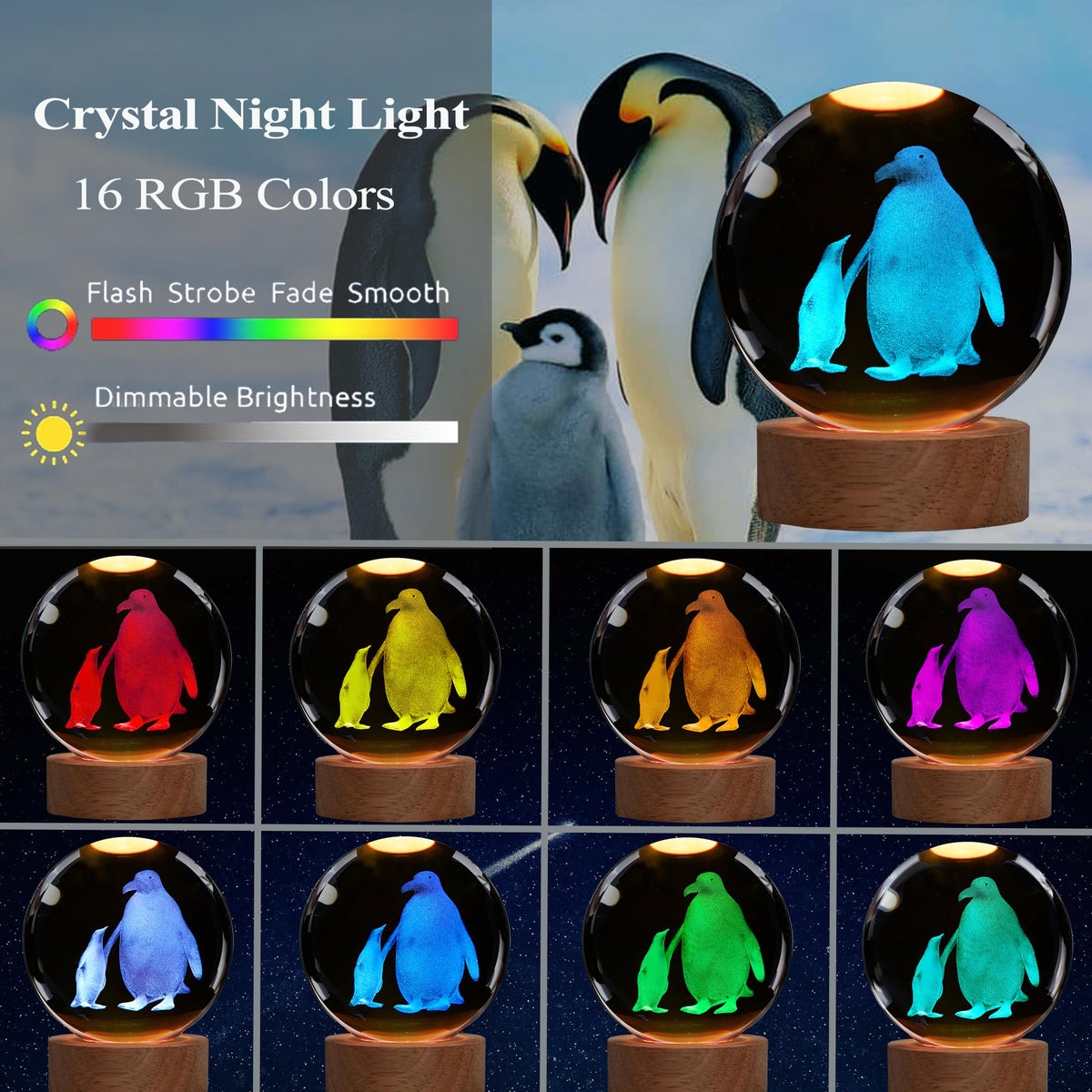 POSSHE Penguin Night Light glows through the glass sphere for warm room lighting.