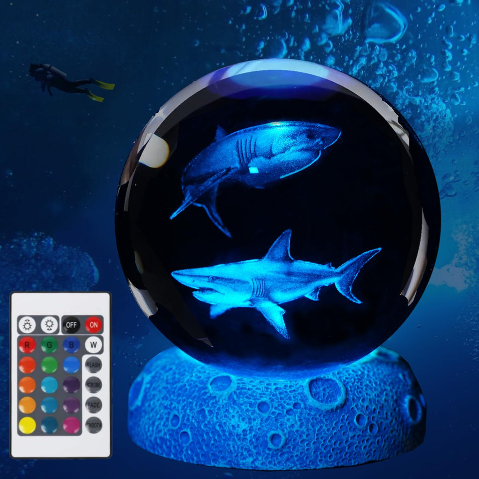 POSSHE shark night light with 3D shark inside crystal ball for ambient decor.