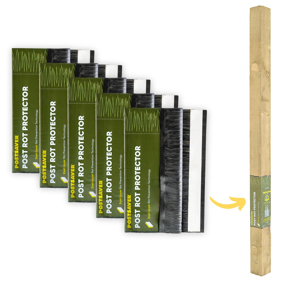 Postsaver Pro-Wrap around a post demonstrates protective wrap for rot prevention.