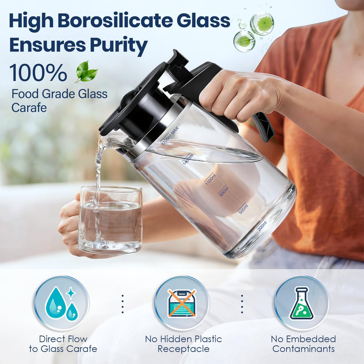 Potchen borosilicate glass carafe preserves crisp flavor and resists odors.