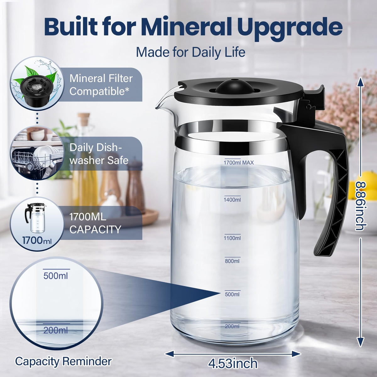 Potchen mineral-filter-ready carafe accepts mineral pod for enhanced taste.