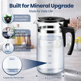 Potchen mineral-filter-ready carafe accepts mineral pod for enhanced taste.