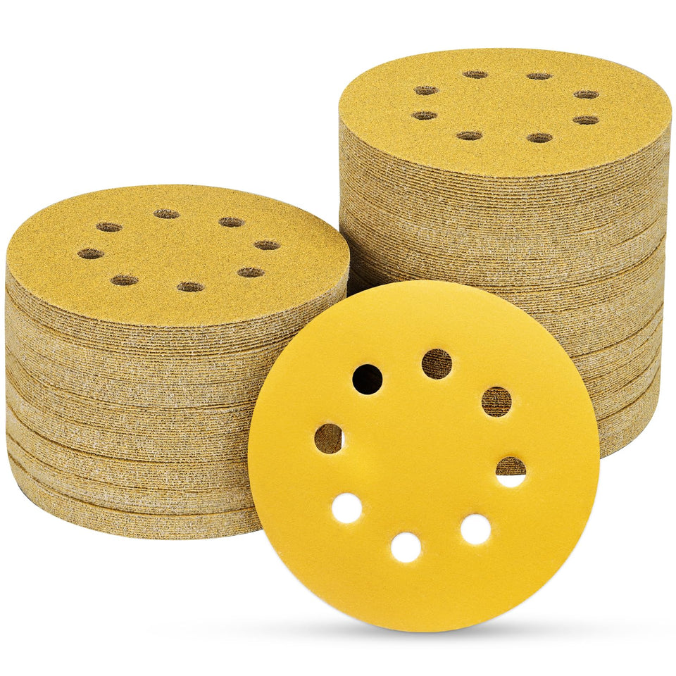 POTUINOM 100pcs 5-inch 8-hole discs pack for versatile smoothing projects.