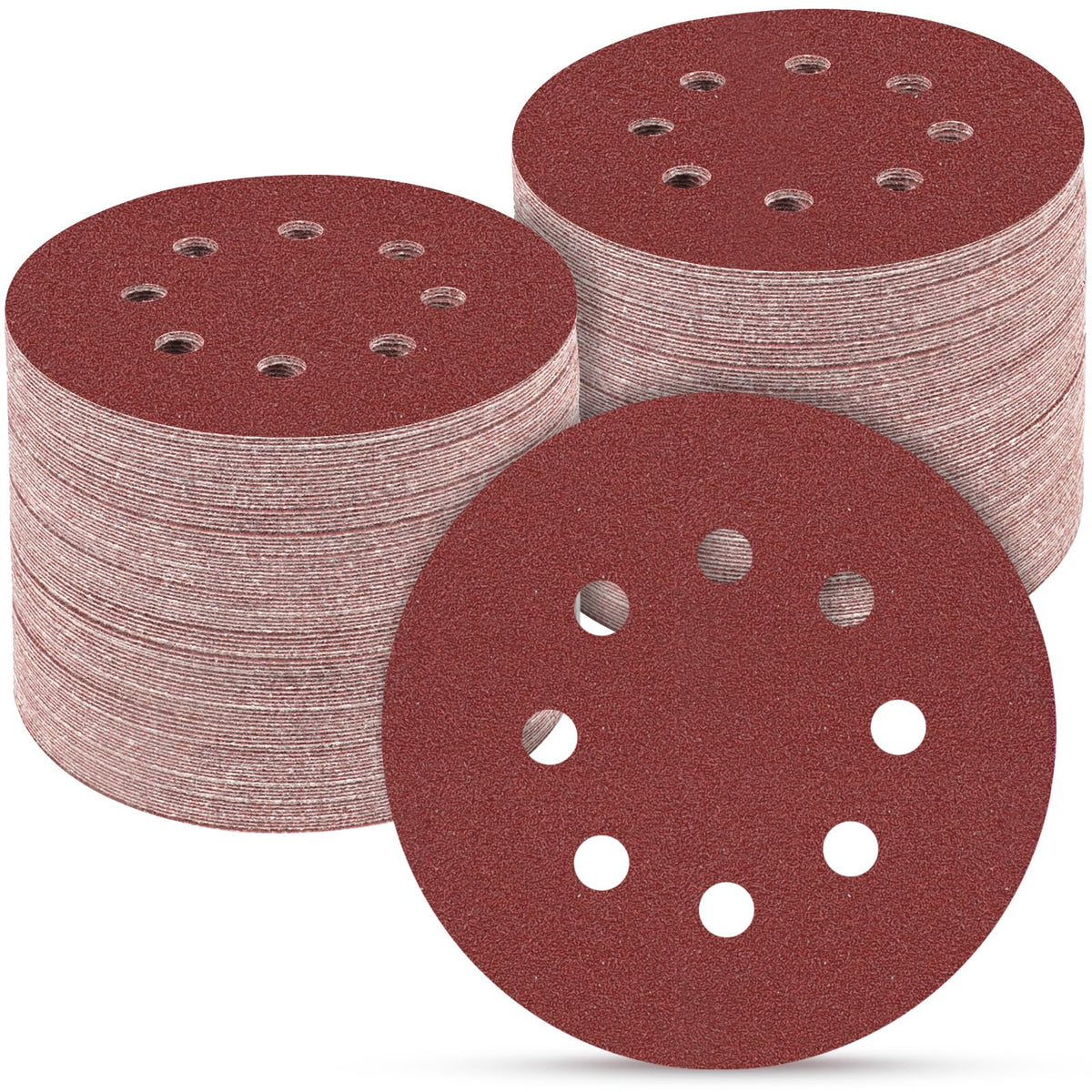 POTUINOM 165-pcs sanding discs with 8-hole dust removal for cleaner sanding.