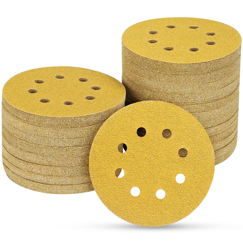 Potuinom 5-inch 40 grit gold sanding disc with 8 holes for dust extraction and smoother finishes