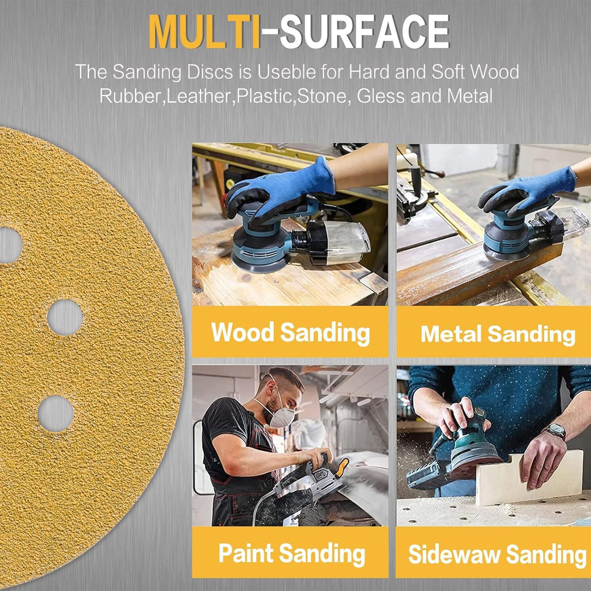 POTUINOM hook-and-loop sanding discs for quick, secure changes.