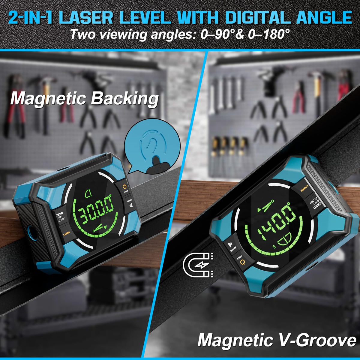 Povlen laser level shows magnetic base for quick mounting.