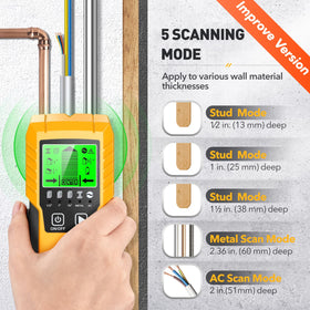 Povlen metal stud scan depth detects metal joists and plumbing.
