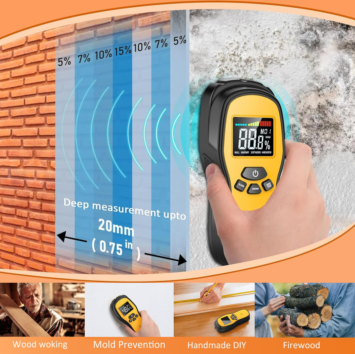 Povlen Wall Moisture Meter in Masonry mode reveals hidden damp on interior surfaces.
