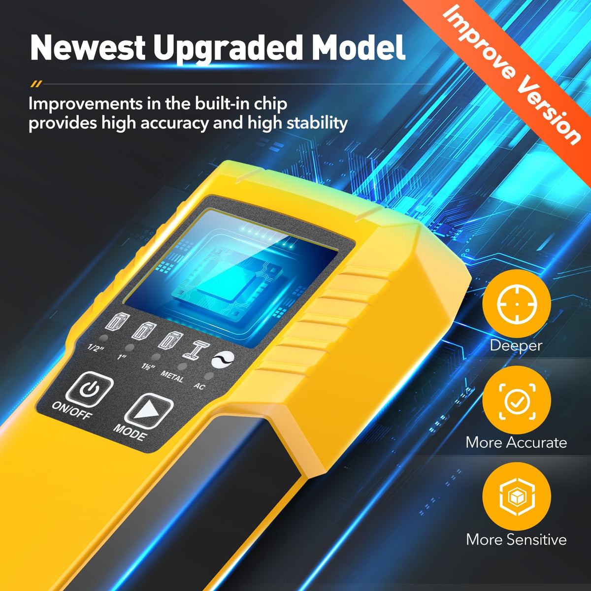 Povlen 5-in-1 wall scanner in operation on drywall with backlit display.