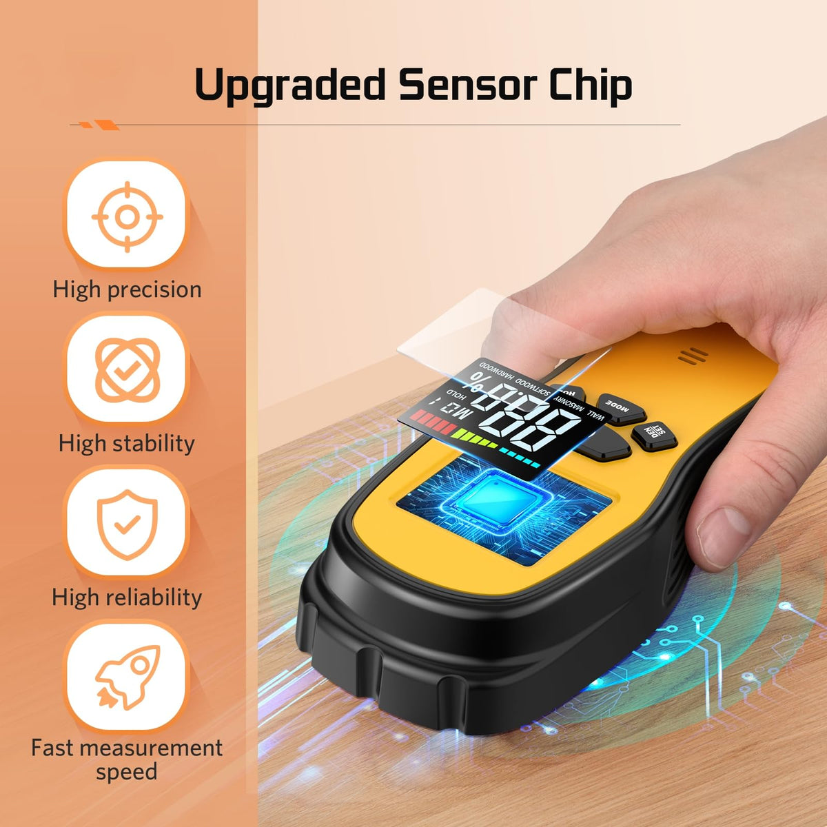 Povlen Wood Moisture Meter Softwood Mode quickly detects wood moisture.