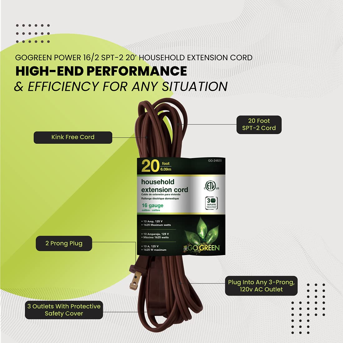 Power By GoGreen 16-gauge kink-free cord provides reliable insulation