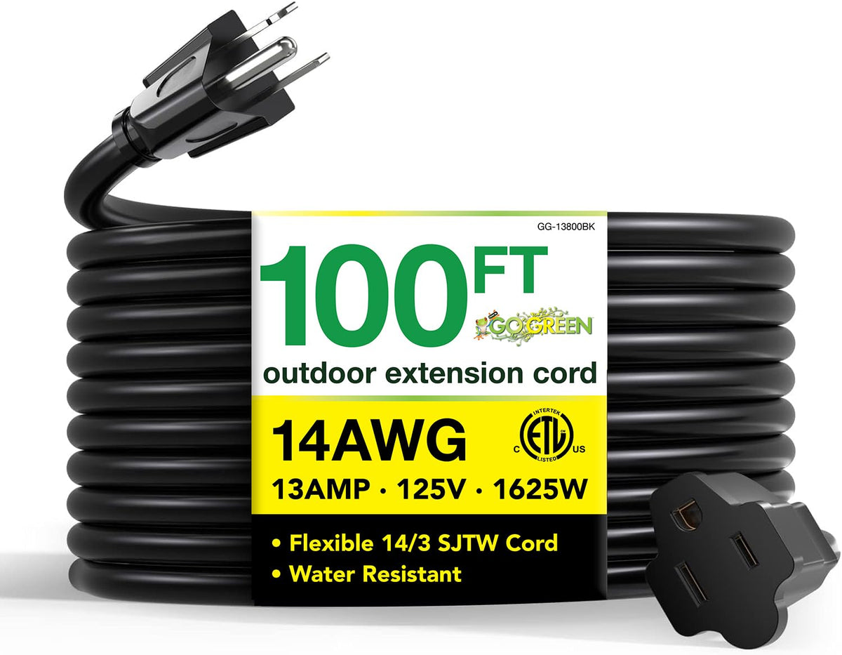 Power By GoGreen GG-13800BK 100 ft outdoor extension cord for long reach.