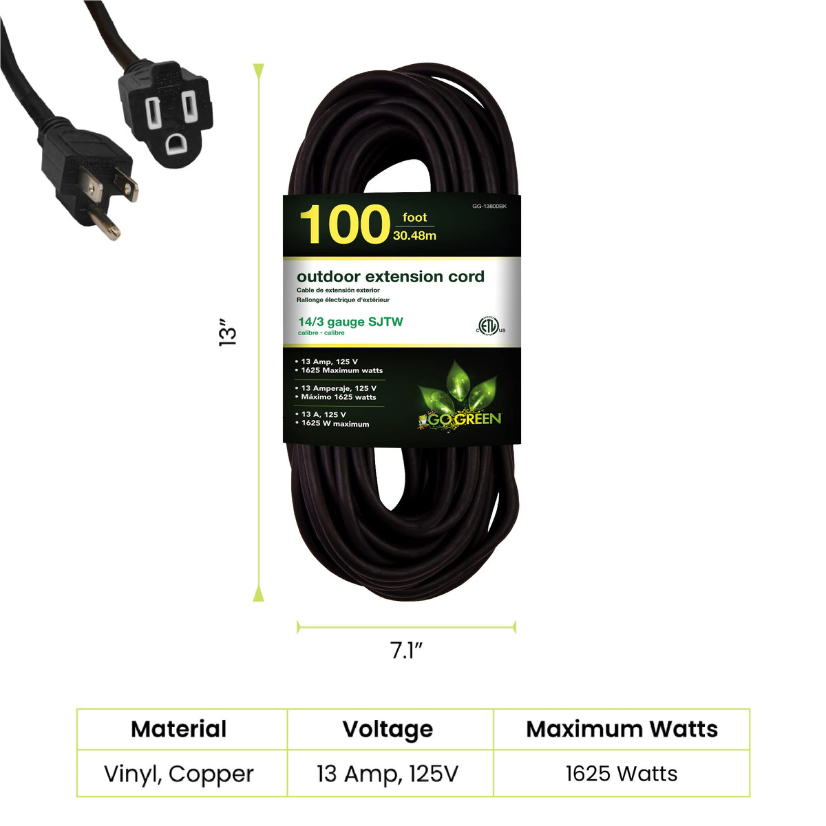 Power By GoGreen GG-13800BK molded plug provides quick, secure connections outdoors.