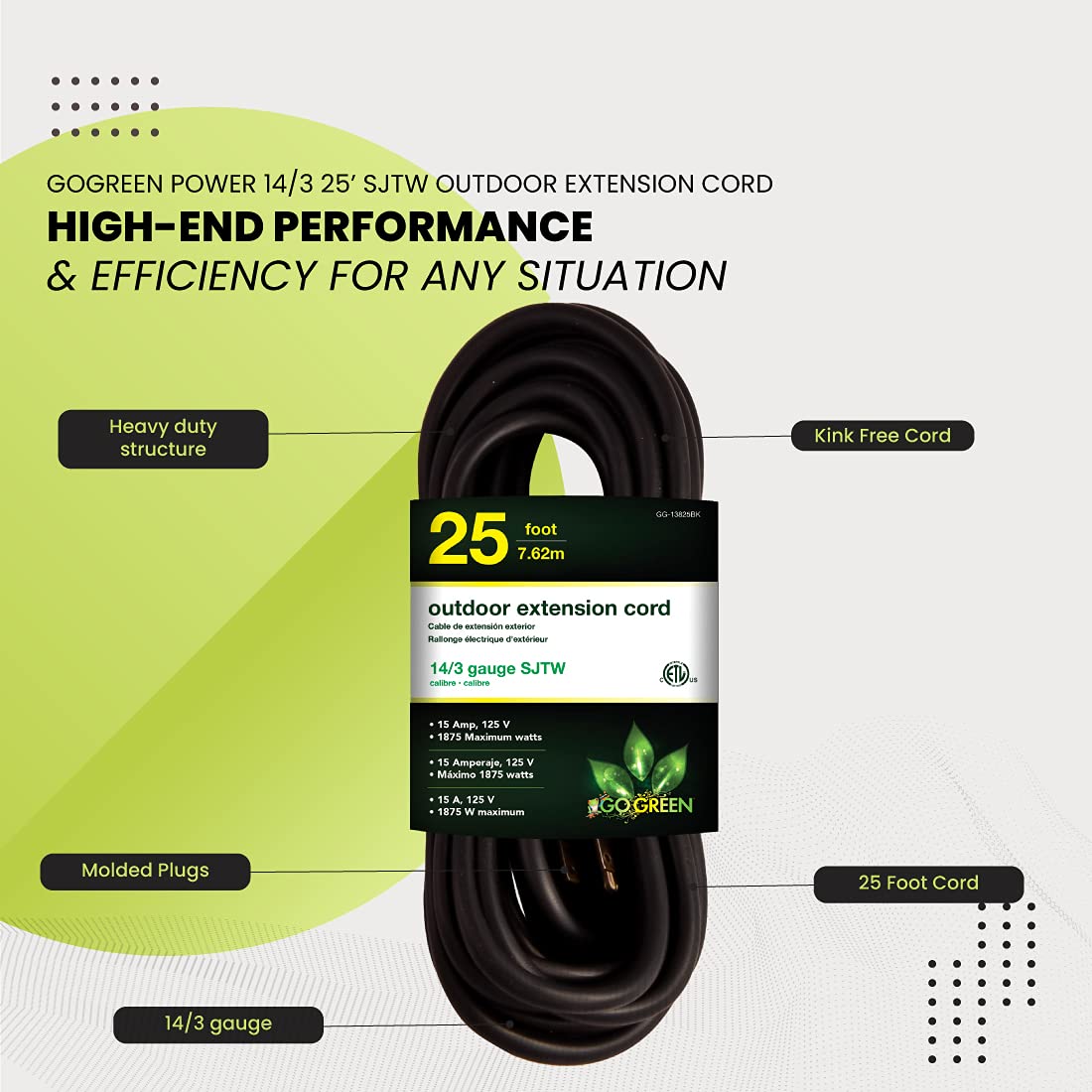 Power By GoGreen GG-13825BK 15-amp cord for powering tools and equipment