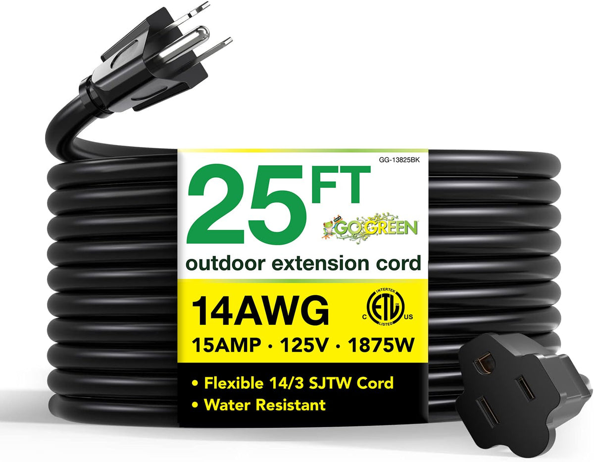 Power By GoGreen GG-13825BK 25 ft outdoor extension cord with molded plugs for rugged outdoor use