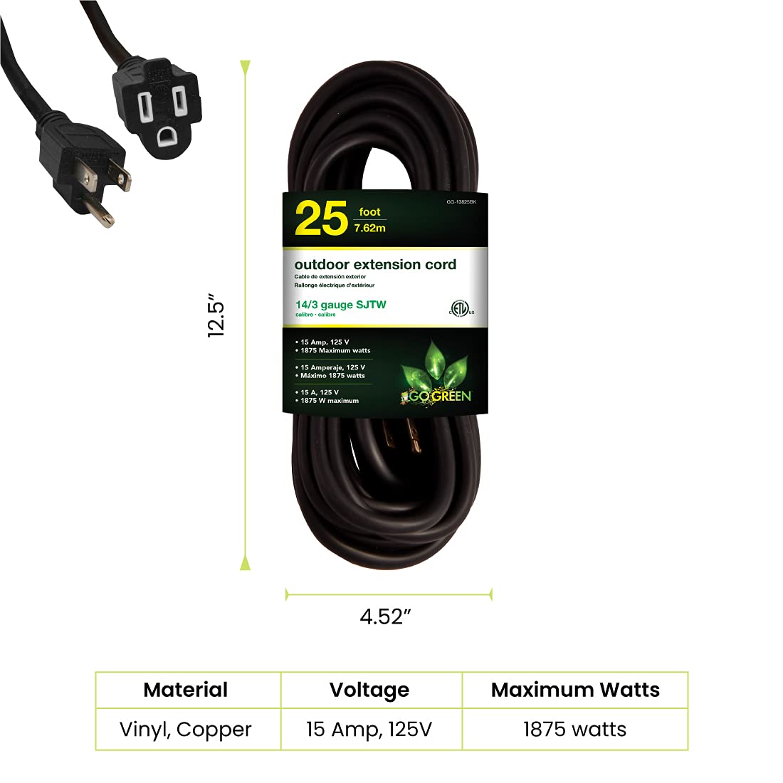 Power By GoGreen GG-13825BK moisture-resistant outdoor cord for durability