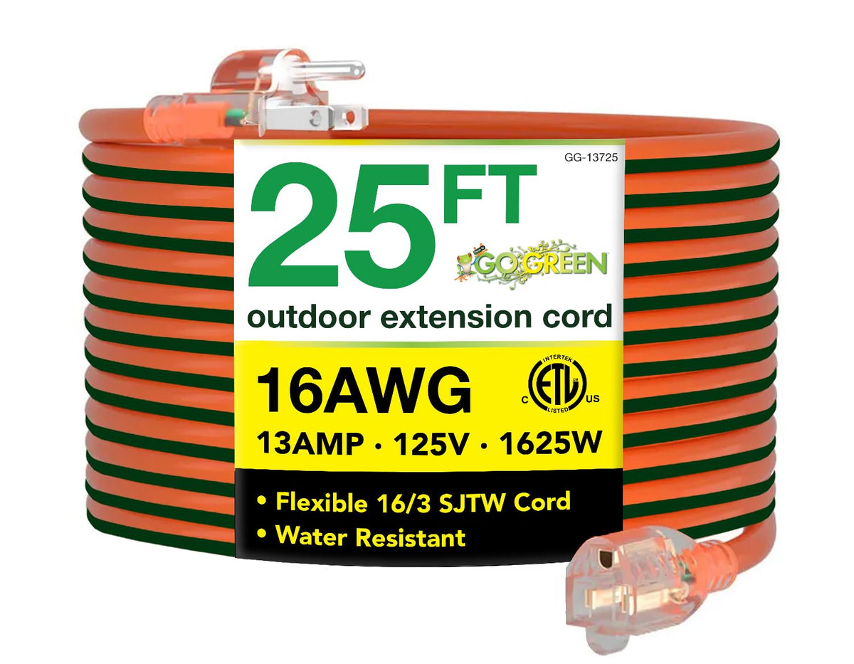 Power By GoGreen GG-13725 25ft outdoor extension cord with lighted end for outdoor power use.