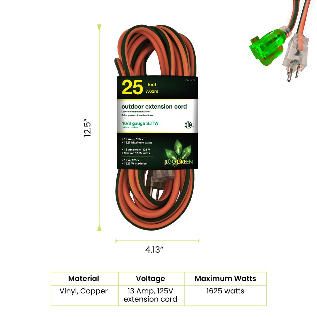 GoGreen GG-13725 contractor-grade 16/3 SJTW cable built for rugged tasks.