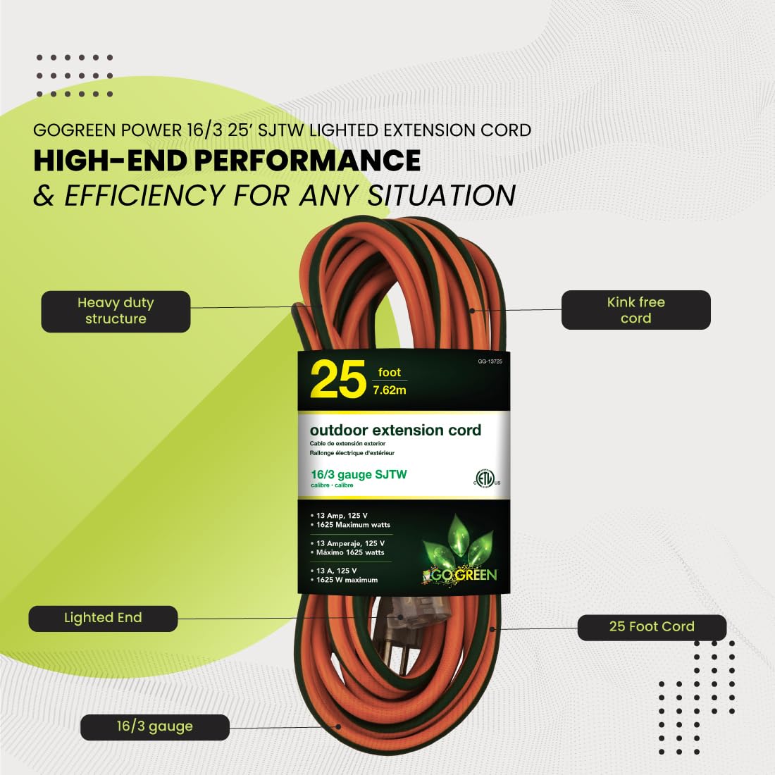 GG-13725 ETL-listed outdoor cord meets safety standards for portable power.