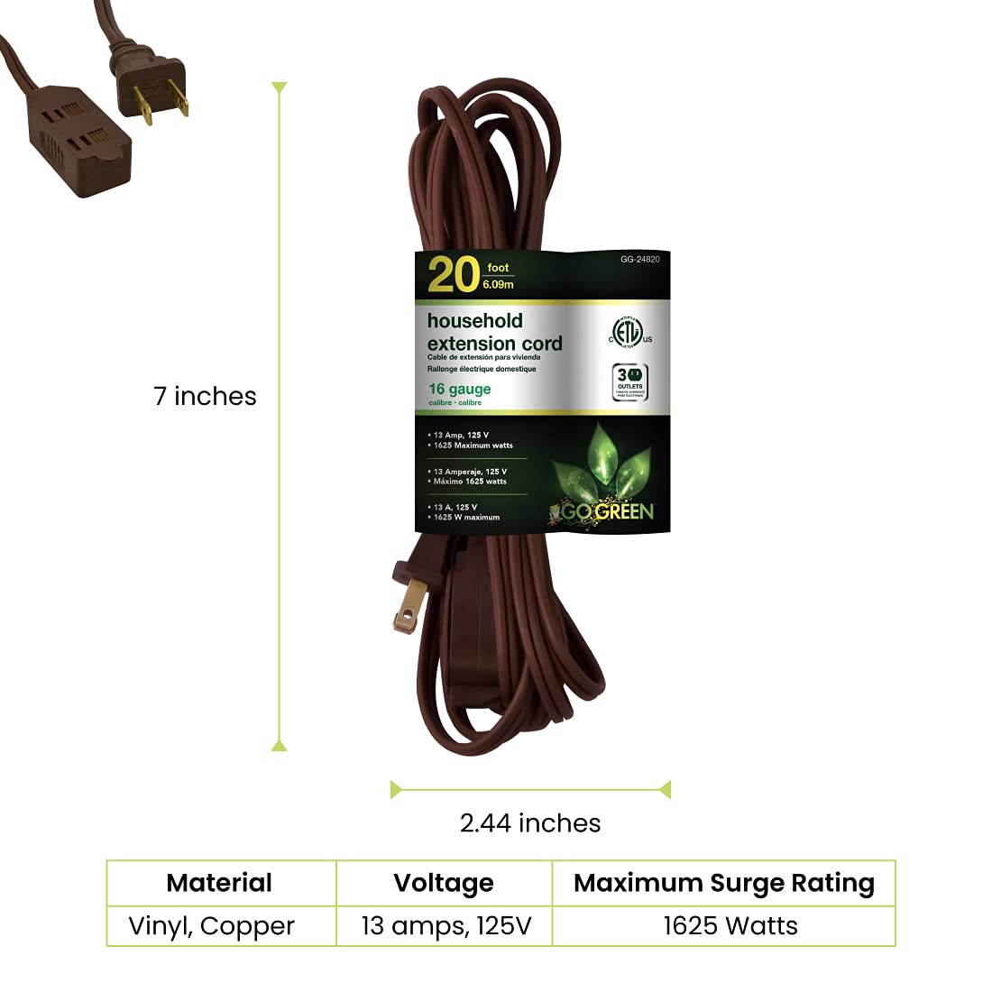 Power By GoGreen indoor-use only extension cord suitable for lamps and chargers
